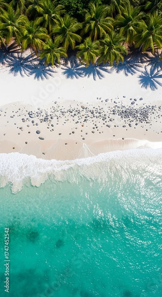Fototapeta A realistic photography of beautiful diamond beach with gentle wave, clean water, white sand, coconut trees, and stone.