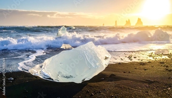 Obraz A glacial diamond shines on a black sand beach. Waves crash as golden light warms the sky at sunrise, silhouetting distant rock formations