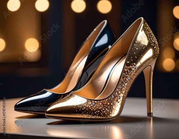 Obraz A glamorous studio shot features two elegant, high-heeled shoes ? one sleek black, the other dazzling gold with sparkling embellishments. They rest on a reflective surface