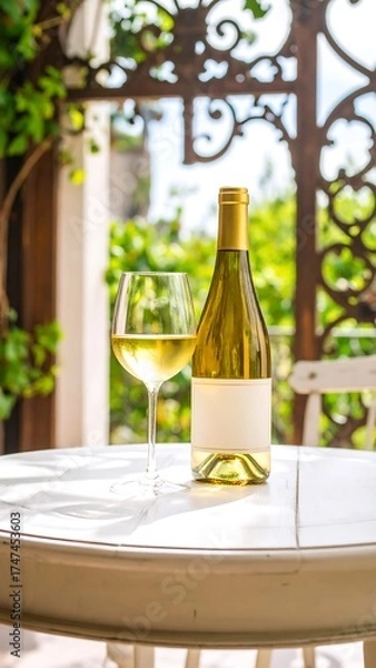 Obraz A glass and bottle of white wine stand on a round, tiled table outdoors, with a blurred background of foliage and decorative wrought iron