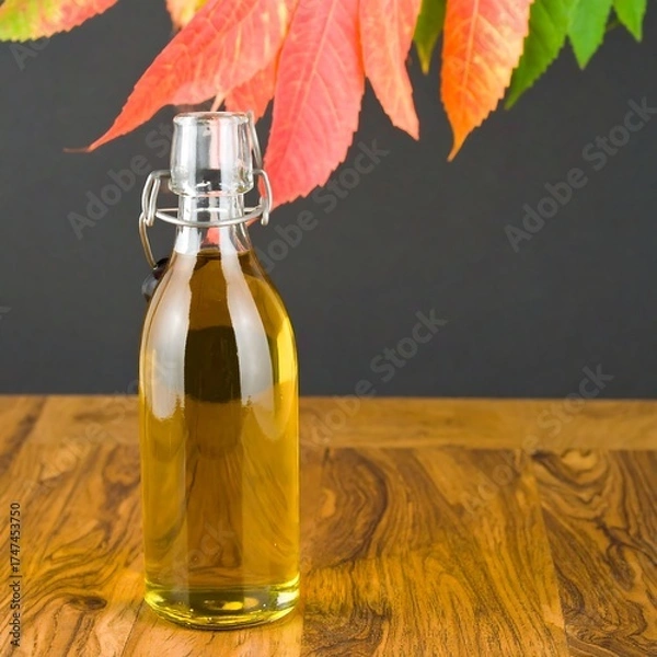 Obraz A glass bottle filled with a golden liquid sits on a wooden surface, with vibrant autumn leaves framing the top