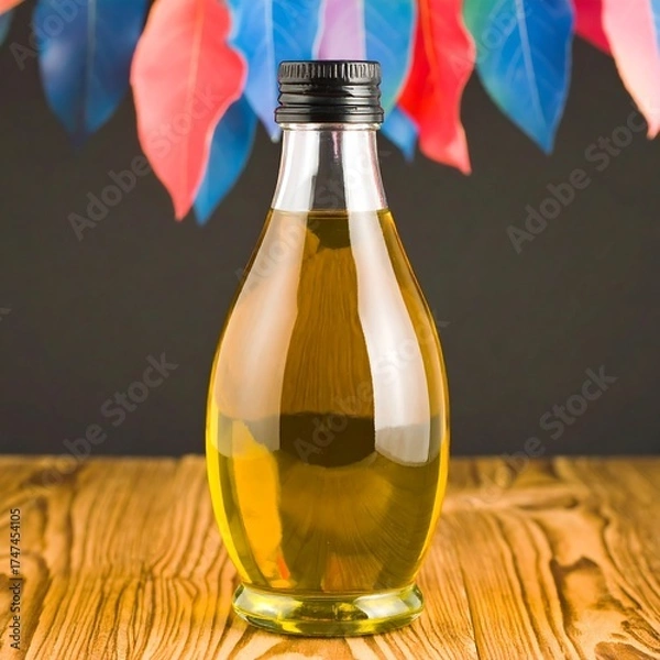 Obraz A glass bottle filled with golden liquid sits on a wooden surface with a dark background, multicolored leaves overhead