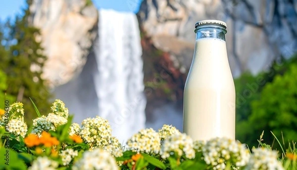 Obraz A glass bottle of a beige beverage stands amidst colorful wildflowers with a dramatic waterfall backdrop