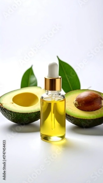 Obraz A glass bottle of yellow oil with dropper is centered, in front of avocado halves, with green leaves behind. Bright white background