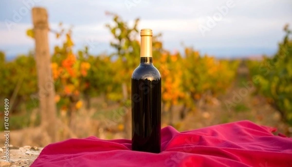 Obraz A glass bottle with golden cap stands on a red cloth, with vineyard in the background. Foliage and sunlight suggest a sunny, harvest-time scene