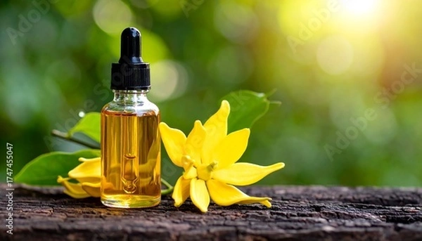 Obraz A glass dropper bottle holds a clear yellow liquid. Beside it is a fragrant yellow flower resting on a rustic wooden surface, with green foliage in the sun
