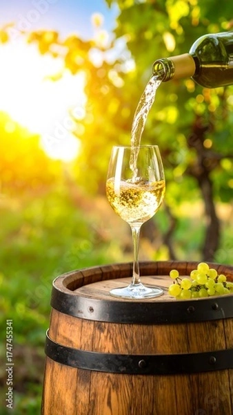 Obraz A glass is filled with white wine from a bottle held over a wooden barrel. A vineyard backdrop creates a scenic view