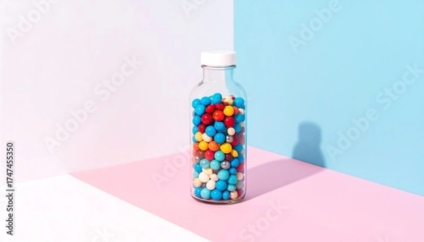 Obraz A glass jar filled with colorful round candies, set against a tri-color backdrop. The shadow adds depth