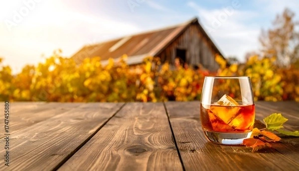 Obraz A glass of amber liquid with ice cubes sits on a weathered wooden table, against a blurred autumn landscape with a barn and foliage