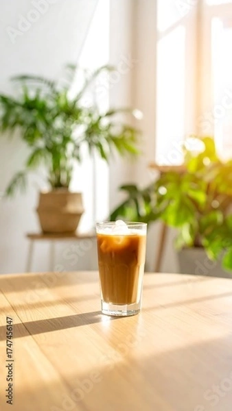 Obraz A glass of iced coffee sits on a wooden table. Sunlight streams through a window illuminating the drink and background. Plants are visible