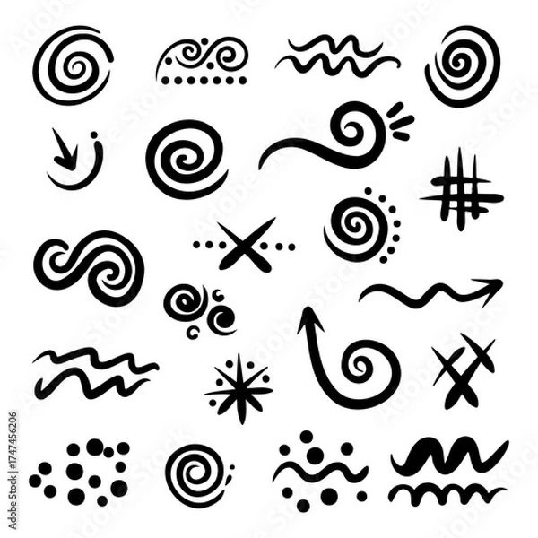 Fototapeta Hand Drawn Doodle Spiral Shapes Arrows Waves Abstract Scribble Design Elements Set