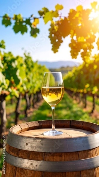 Obraz A glass of white wine sits atop a wooden barrel in a sun-drenched vineyard. Rows of grapevines lead towards a blurred, distant horizon