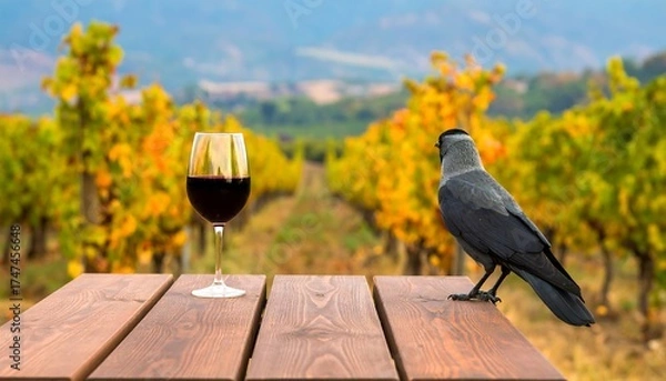 Obraz A glass of red liquid sits on a wooden table next to a gray bird in a vineyard. The background shows rows of vines with yellow leaves and a blurred distant landscape