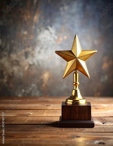 Obraz A gleaming gold star trophy stands tall on a wooden table against a mottled brown and gold background. It represents achievement
