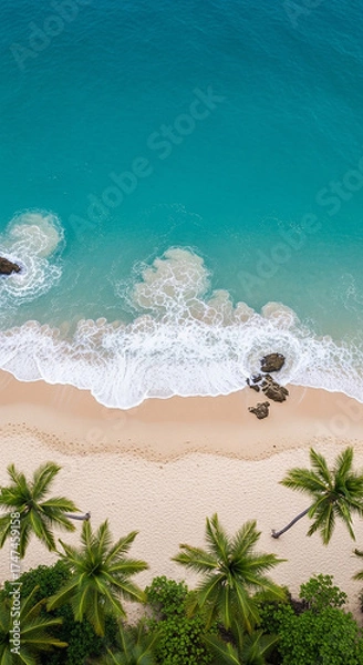 Fototapeta A realistic photography of beautiful diamond beach with gentle wave, clean water, white sand, coconut trees, and stone.