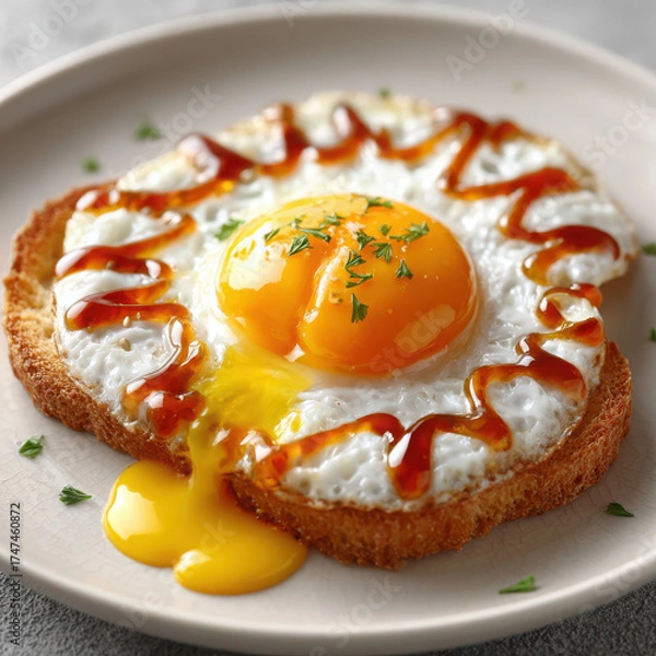 Fototapeta Fried egg with runny yolk toasted bread garnished with sauce