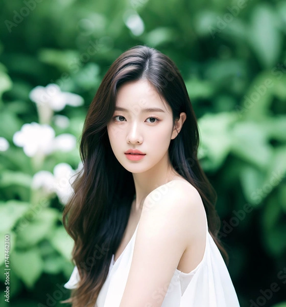 Fototapeta A young woman with long dark hair wearing a white sleeveless top, standing in a lush green garden with white flowers in the background.