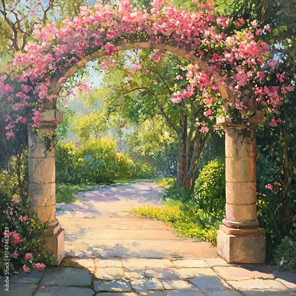 Fototapeta Flower Arch Garden Path, Garden Flower Arch, Blooming Pathway, Romantic Garden View, Spring Archway Scene, Floral Entrance Garden