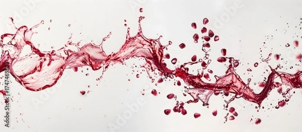 Obraz Splash of Red Liquid with Flying Pomegranate Seeds Against a White Background
