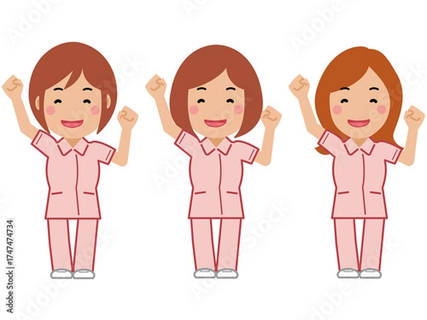 Fototapeta 大きな身振りで応援するピンクの制服の女性看護師
