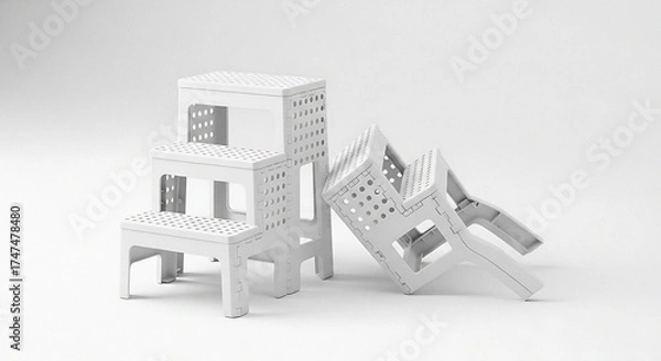 Fototapeta A studio shot of two white plastic step stools one upright and one on its side against a white backdrop