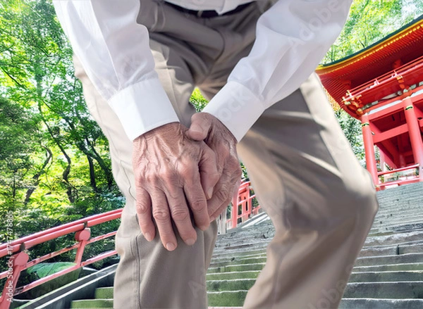 Fototapeta 神社の階段で膝が痛い高齢男性