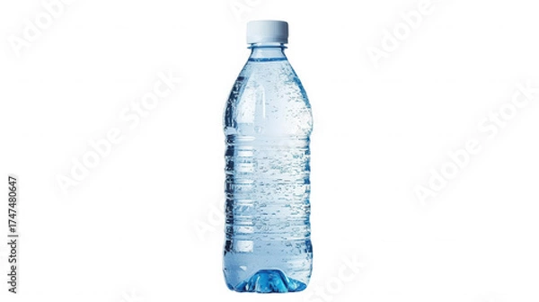 Fototapeta A clear plastic water bottle filled with water and small bubbles against a  transparent background studio shot