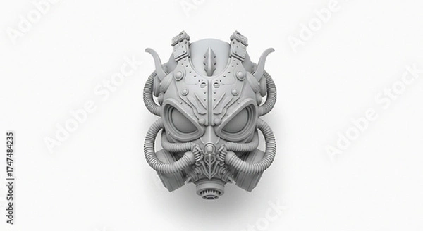 Fototapeta Close up of a gray futuristic mask with tubes and horns on a white background in studio lighting