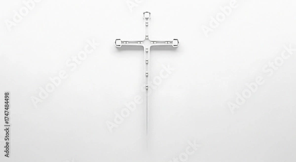 Fototapeta A minimalist white cross with small metal accents on a plain white background in a centered shot