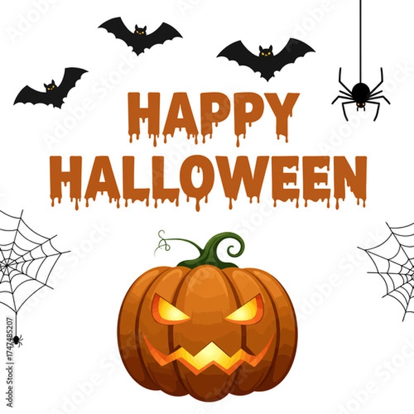 Fototapeta Happy Halloween Greeting with Jack-o'-Lantern, Bats, and Spiders on White Background