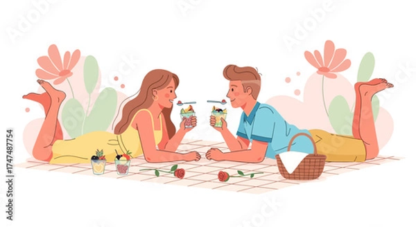 Fototapeta Joyful Couple Sharing Dessert On Picnic Blanket Surrounded By Flowers And Happiness