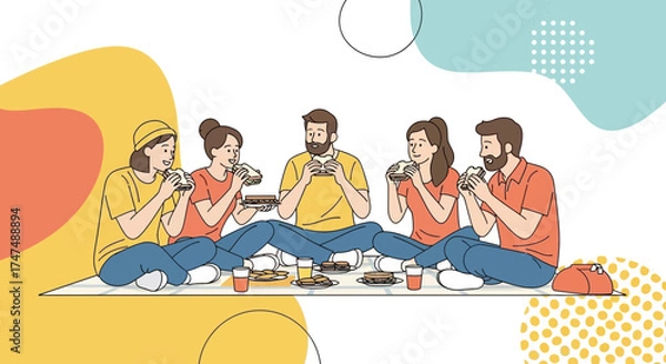 Fototapeta Joyful Group Eating Sandwiches Together Relaxing During Daytime, Picnicking Outside and Having Fun