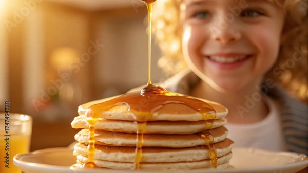 Obraz Family time mealtime together warm pancake stack with syrup drizzling and smiling child enjoying breakfast
