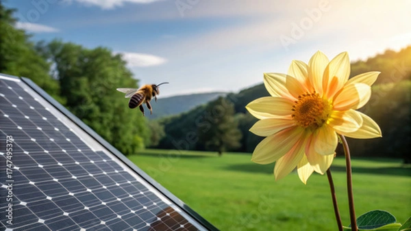 Obraz Renewable energy solar microgrid field bee and yellow flower basking in sunlight creating harmonious eco friendly scene