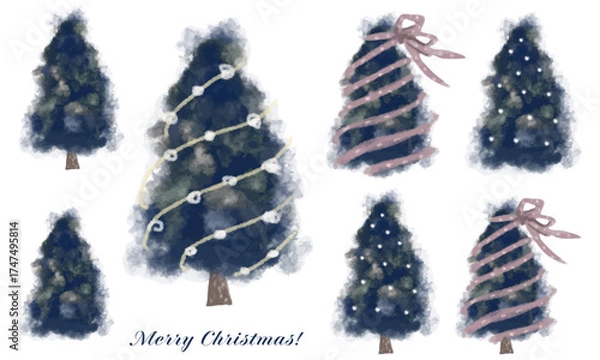 Fototapeta 水彩で描いたシックなクリスマスツリーのイラスト素材セット