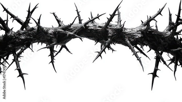 Obraz Close-up of a dark, rough textured branch densely covered with sharp, long thorns against a white background