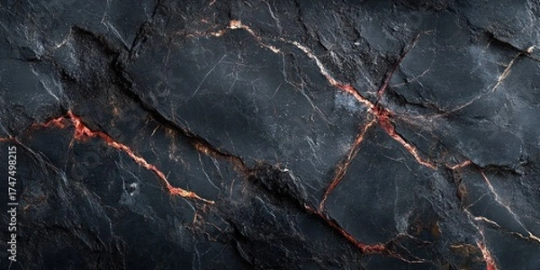 Obraz Close-up view of cracked dark volcanic rock with glowing red-orange lava veins running through textured surface