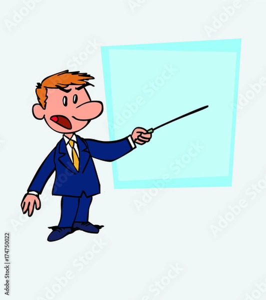 Obraz White businessman points out, angry, with a pointer. Is showing, as in a presentation, the data you want.