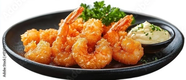 Obraz Golden crispy fried shrimp served on a black plate accompanied by creamy dipping sauce and fresh green parsley garnish, evoking a tempting and savory feeling