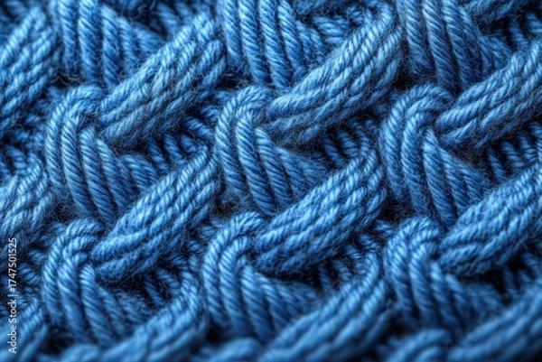Fototapeta Close-up view of blue wool yarn intricately knitted in a chunky textured pattern