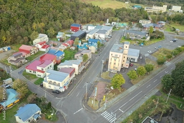 Fototapeta Aerial view of Toyotomi Onsen hot spring town in Hokkaido, Japan – Editorial Use Only