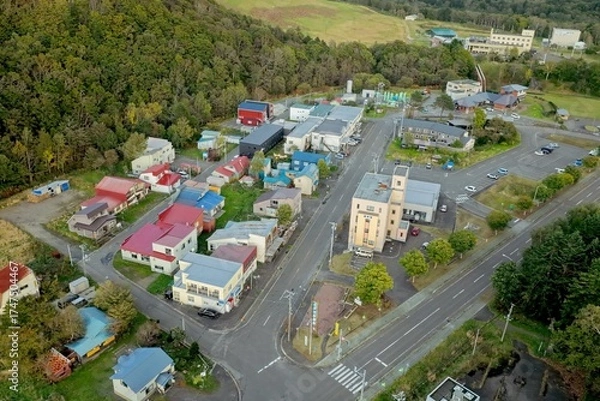Fototapeta Aerial view of Toyotomi Onsen hot spring town in Hokkaido, Japan – Editorial Use Only