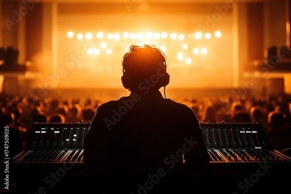 Fototapeta Silhouette of a sound engineer controlling audio mixing console during a live concert with bright stage lights and large audience