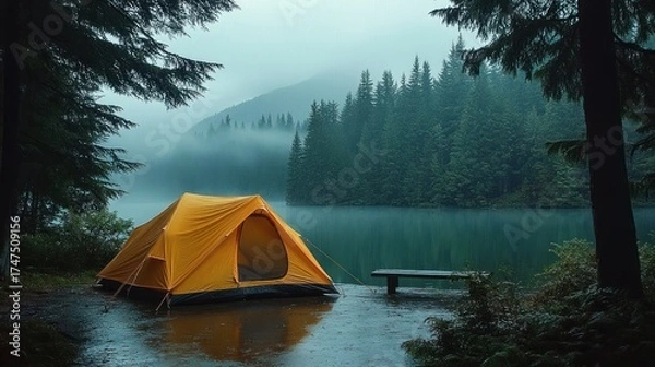Fototapeta Orange camping tent set up on wet ground near serene lake surrounded by evergreen trees and misty forest landscape under overcast sky