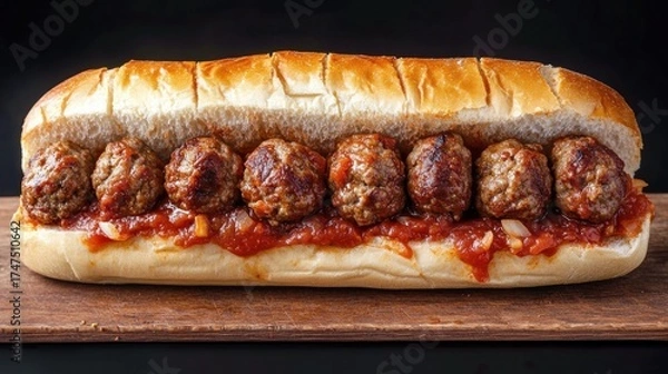Fototapeta Sub sandwich filled with multiple grilled meatballs and tomato sauce on a wooden surface with a dark background