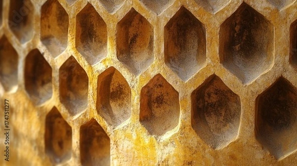 Fototapeta Close-up image of an empty honeycomb structure showing hexagonal cells with warm yellow and brown tones, evoking a natural and intricate pattern