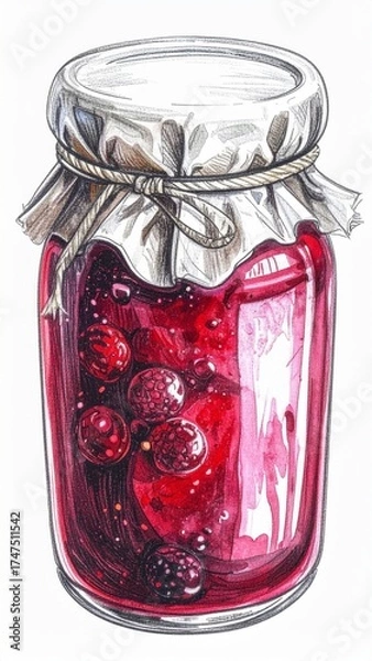 Fototapeta Watercolor Illustration of Jarred Cherries with Fabric Lid Covering in Red and Black