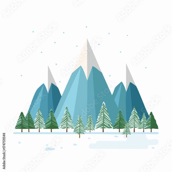 Fototapeta Serene minimalist winter landscape with mountains and evergreen trees design