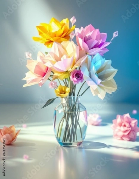 Fototapeta Colorful Origami Bouquet: A vibrant bouquet of intricate origami flowers bursts forth in a spectrum of vivid colors, showcasing the delicate beauty of folded paper and the artistry of crafting.