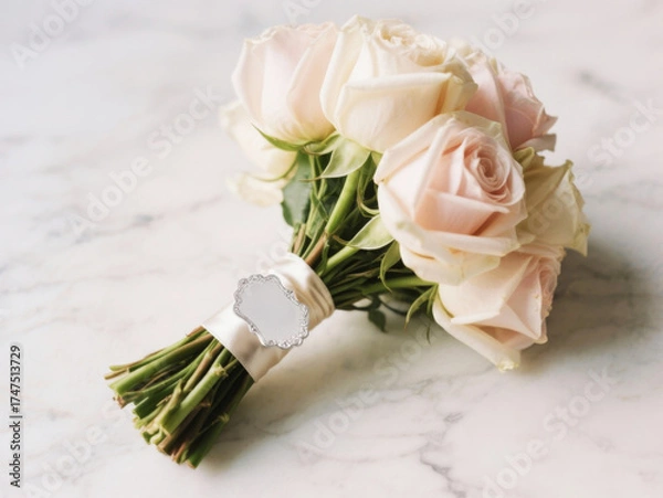 Fototapeta Rose Bouquet: A delicate rose bouquet tied with elegant ribbon, embodying the classic beauty and romance, set against a marble texture background.